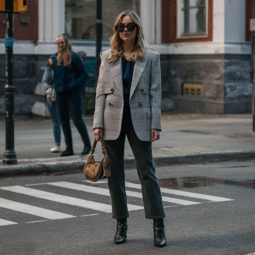 Plaid Blazer with Dark Denim Boots Outfit idea