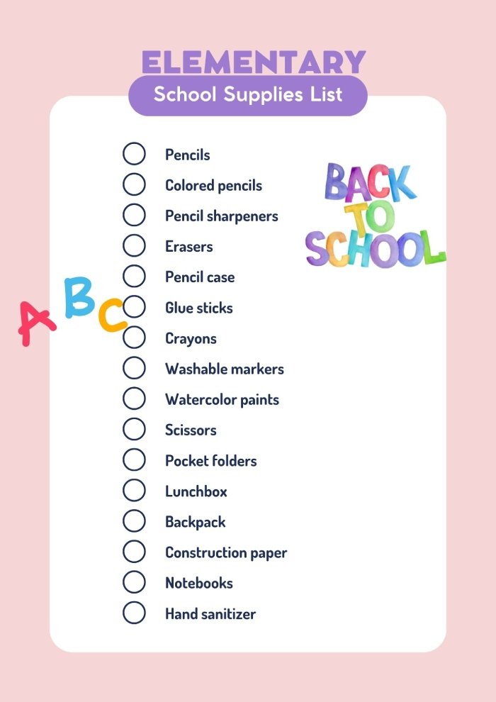 school supply list for elementry school