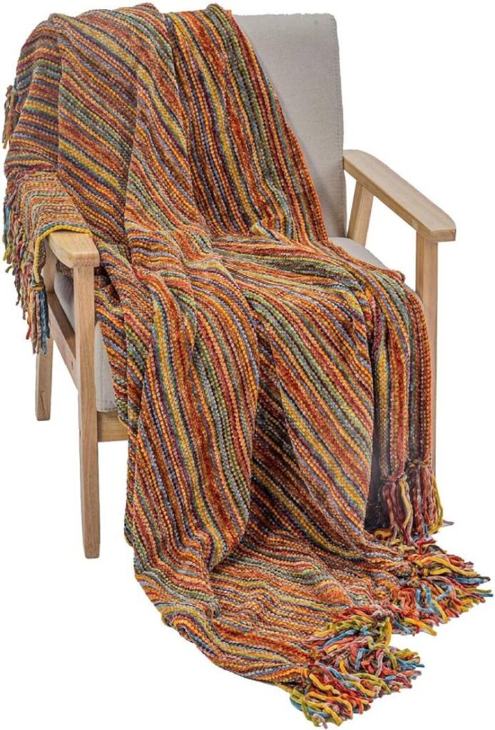 Throw Blanket with Fringe Soft Striped Multi Color 