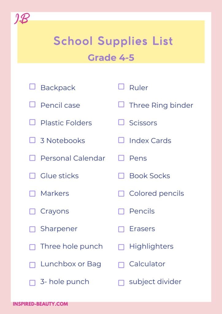 school list for kids in grade 4 and five