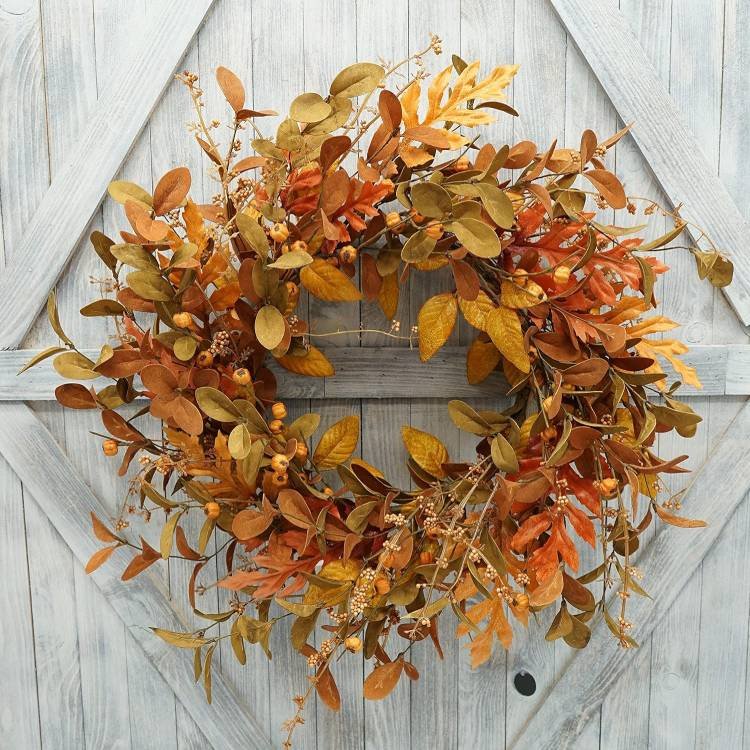 Artificial Fall Wreath for Front Door Autumn Wreath with Bright Oak Leaves