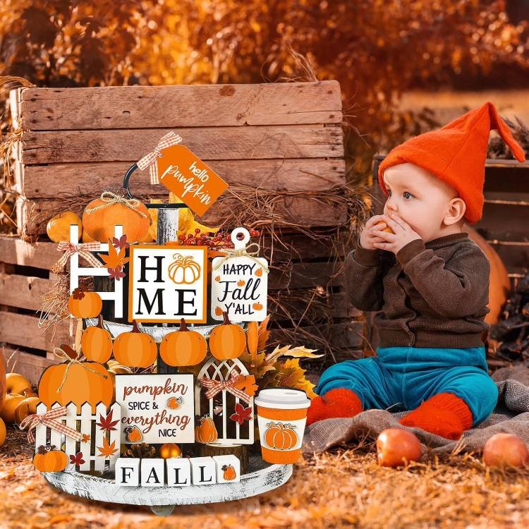 Fall Tiered Tray Decor Pumpkins