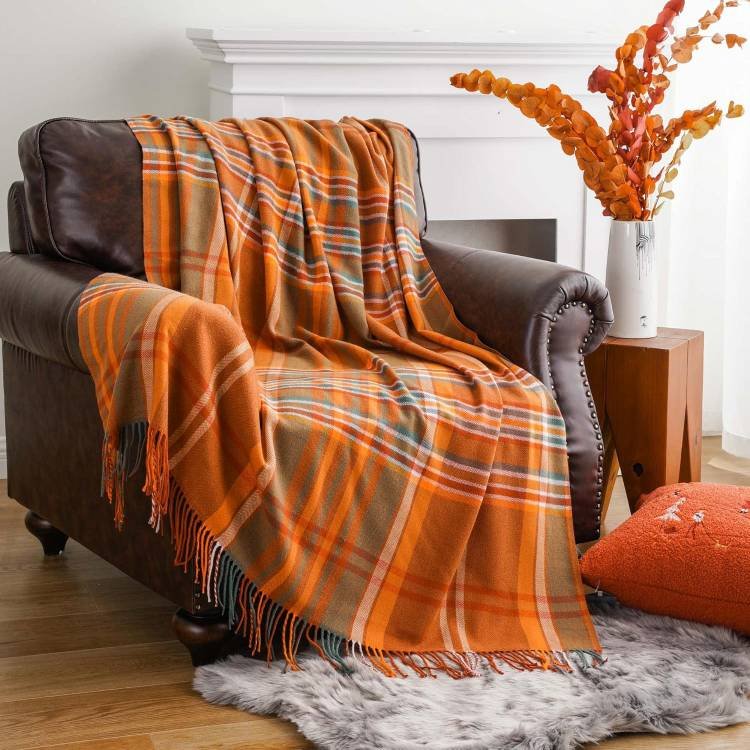 Orange Plaid Throw Blanket for Couch 