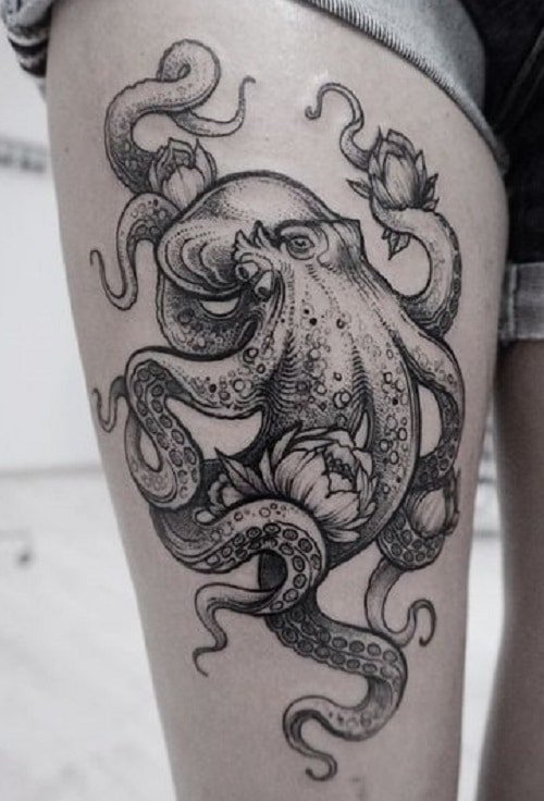 Octopus with Flowers on Woman Thigh