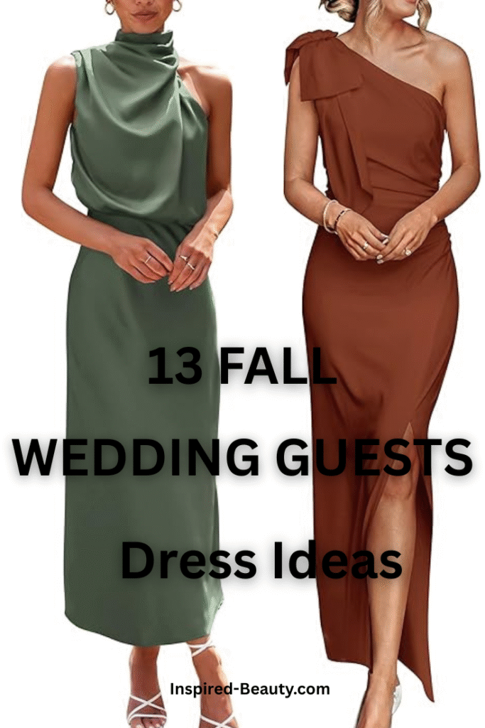 Two woman side by side in green and brown wedding guest dresses