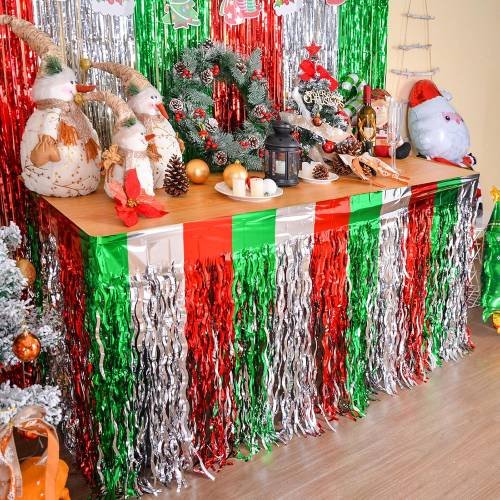 2 Pack Red White and Green Wavy Metallic Tinsel Foil Fringe Table Skirt for Rectangle