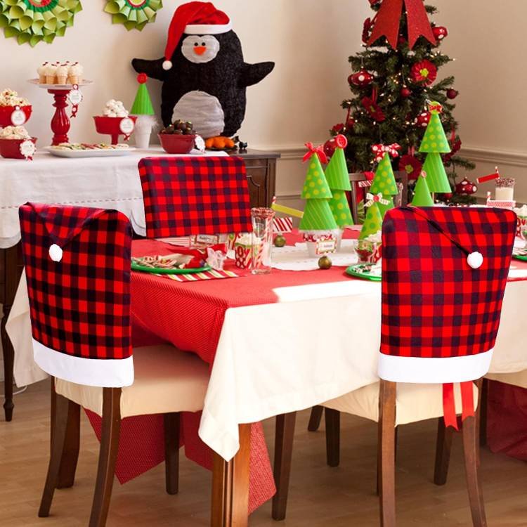 4 PCS Elastic Buffalo Plaid Christmas Chair Covers Santa Hat Christmas Chair Back Covers