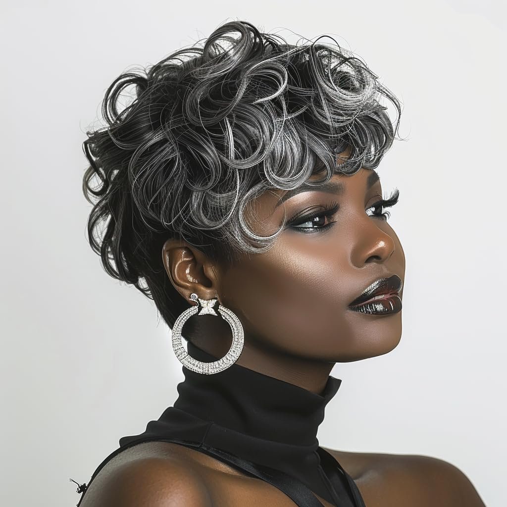 Black Mixed Grey Pixie Wigs With Bangs