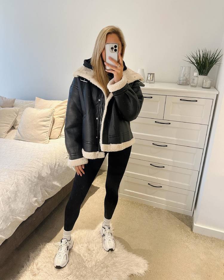 Black and Cream Faux Shearling Hooded Jacket