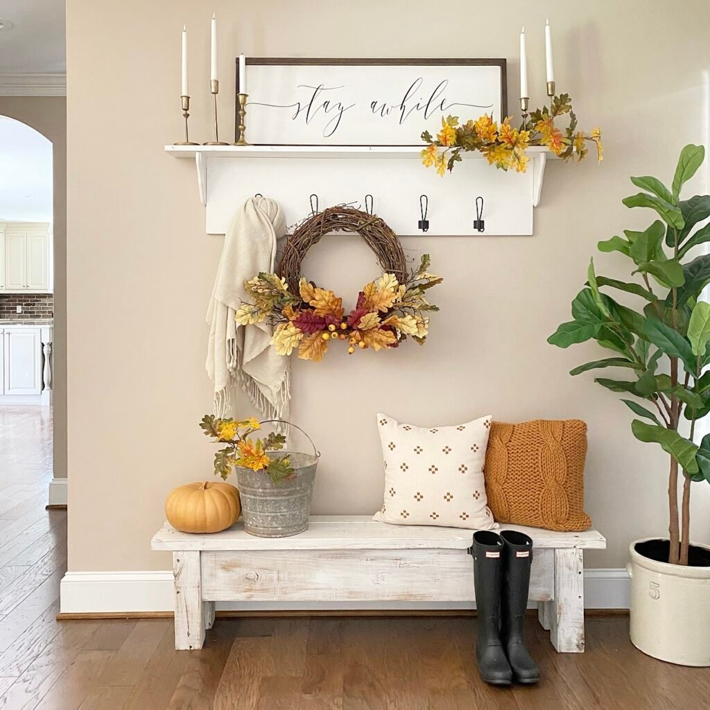 Seasonal Wreath over fall entryway table