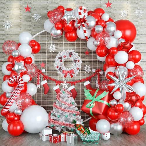 Metallic Silver Latex Balloons Arch with Xmas Candy Cane Gift