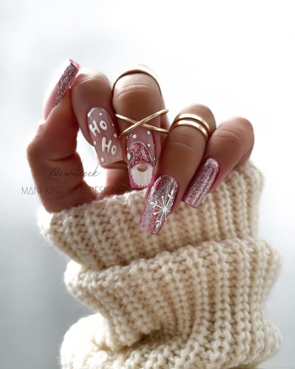 Pink glitter santa hat nail designs