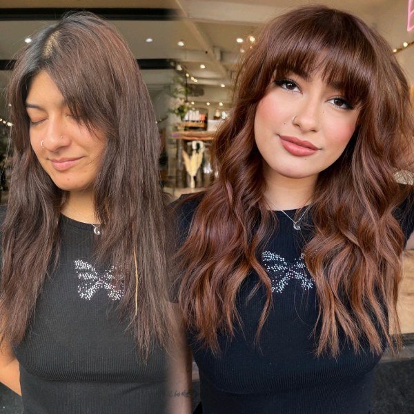 women showing before and after brown hair color transformation