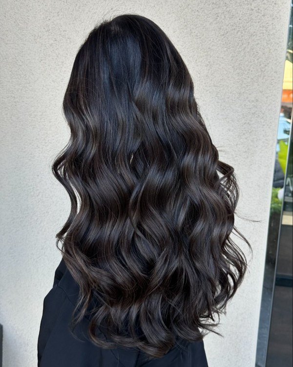 women long hair, expresso brown hair color with waves and curls