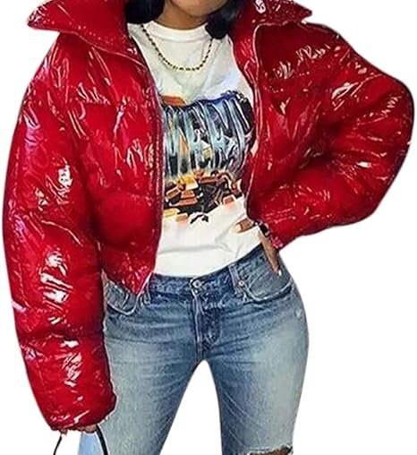 Puffer Jacket Shiny Metallic Faux Leather Cropped Coa