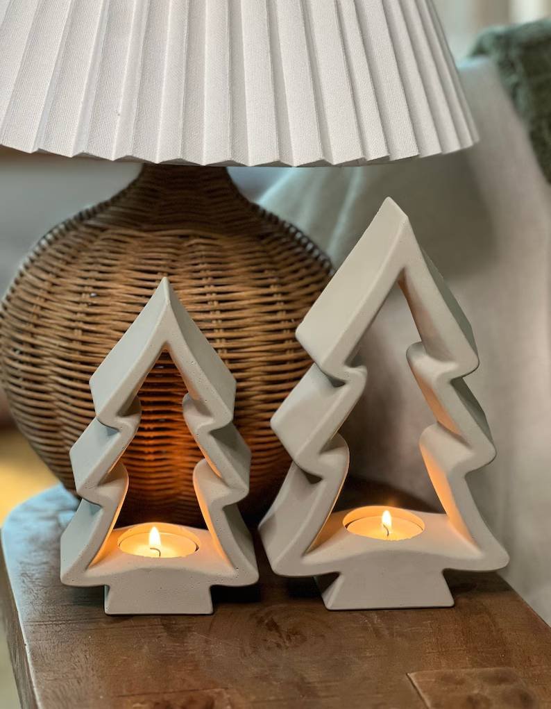 Tealight Concrete Christmas Tree, Holiday Candle Holder