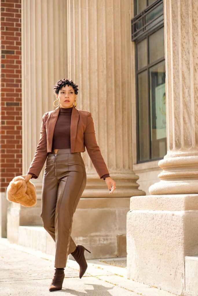 Brown Leather Pants with Brown Jacket and Ankle Boots