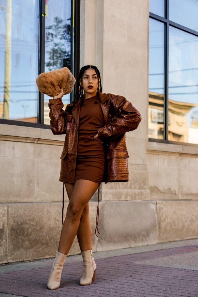 Brown jacket mini Dress and Ankle boots