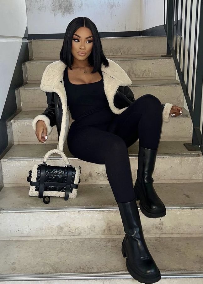 Black Leather Jacket with Mid Calf Boots and Black Crossbody Bag Winter Jacket Outfits Black Women