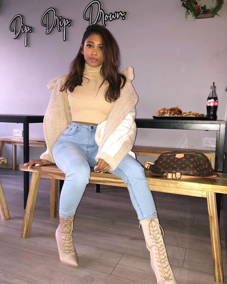 Drop Shoulder Jacket with Retro Thin High Heels boots and Rib Knit Crop Sweater Sweater