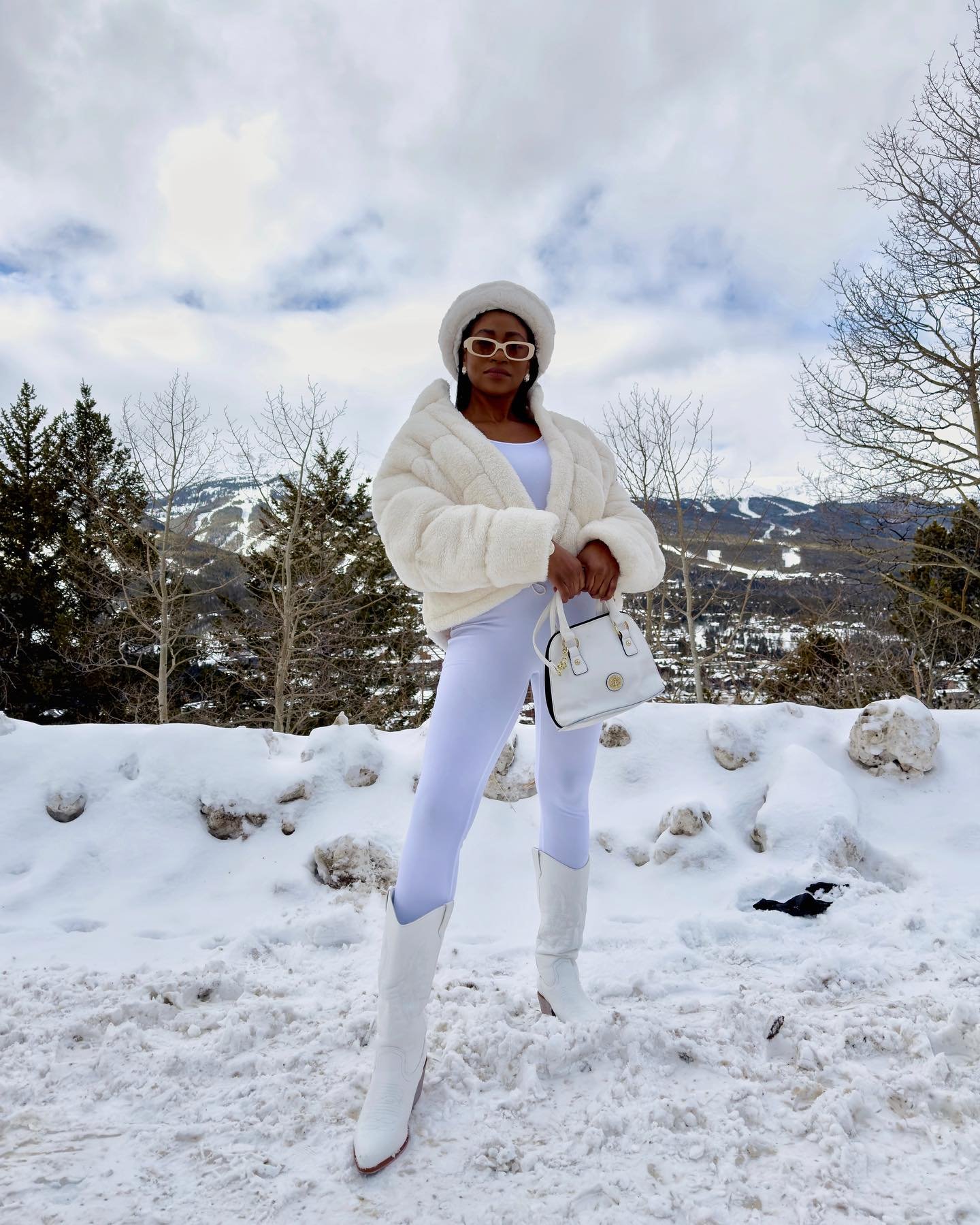 White Crop Tops Faux Fur Jacket with Cowgirl Round Roe Short Boots and Pants Bodysuit