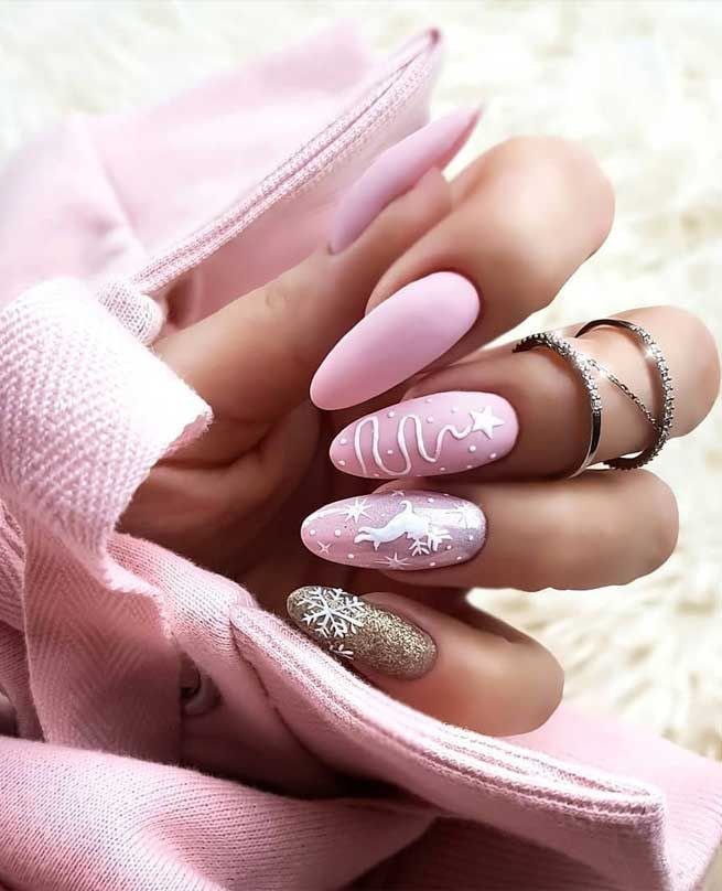 light pink and gold Christmas nails