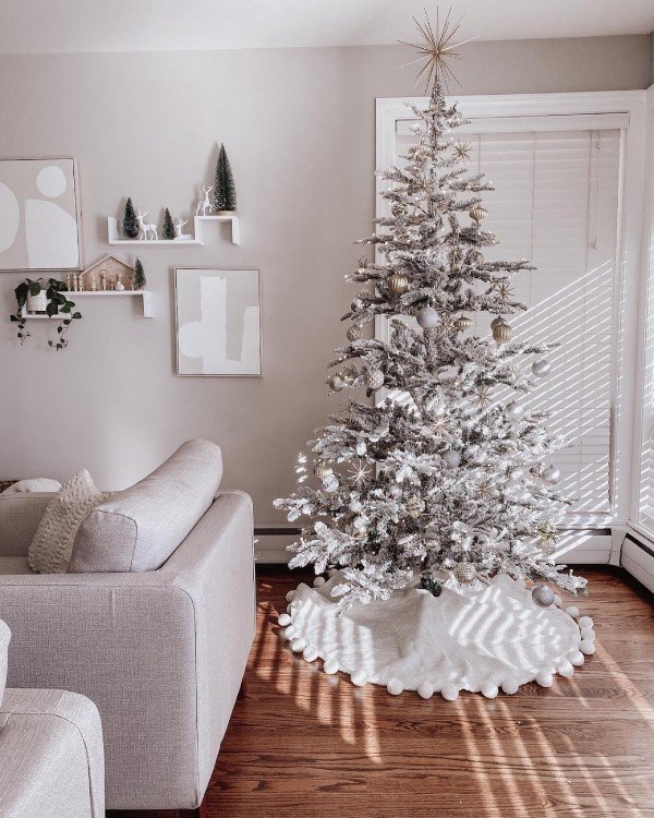 Silver Flocked Christmas Tree Decorated