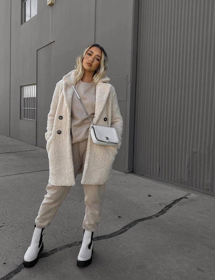 Fur Coat + Sweatpants + Ankle Boots