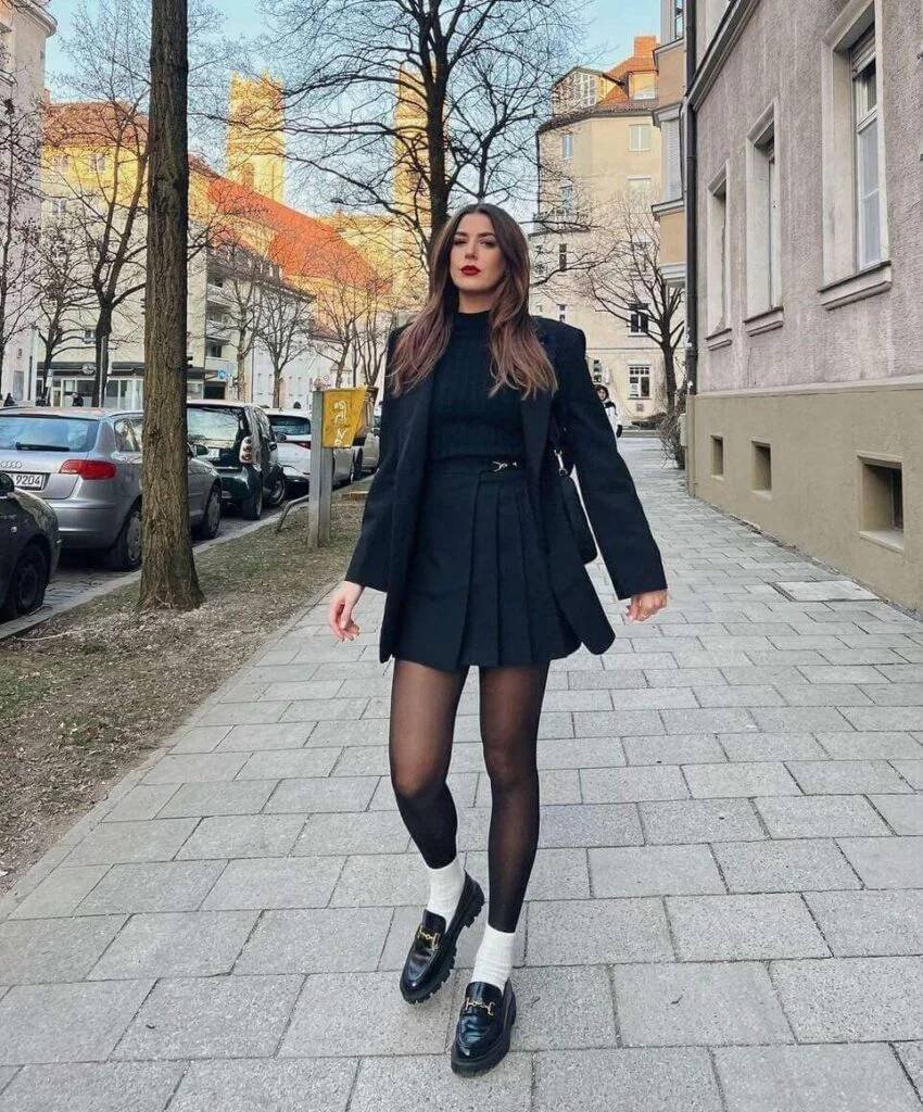 Black Blazer + Black Tennis Skirt + Loafers with Socks