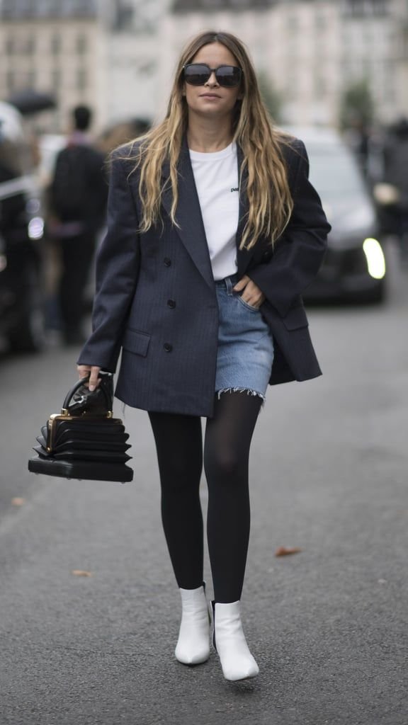 Blazer Coat + T-Shirt Top + Denim Skirt + Tights