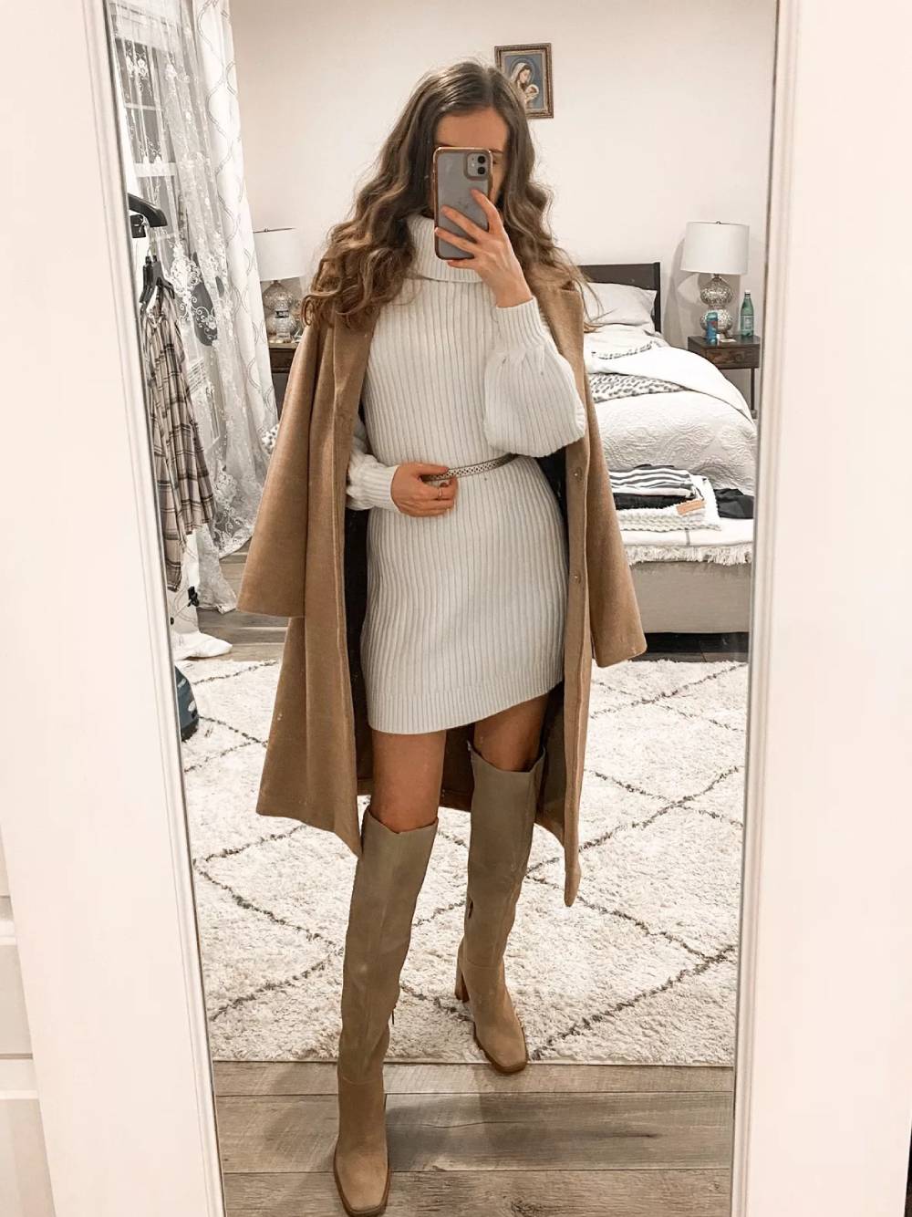 Camel Coat + Ribbed Sweater Dress + Booties