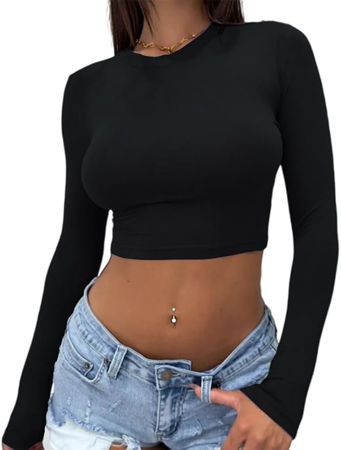 Crew Neck Basic Fitted Tight Cropped T Shirts