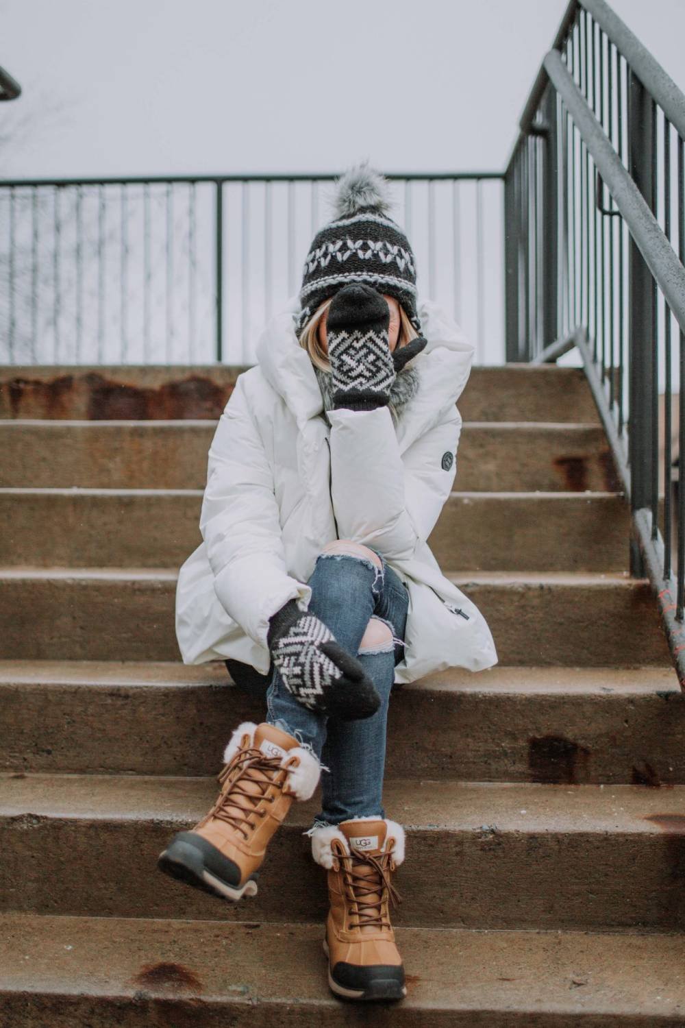 Down Coat + Cashmere Sweater + Hiking Boots