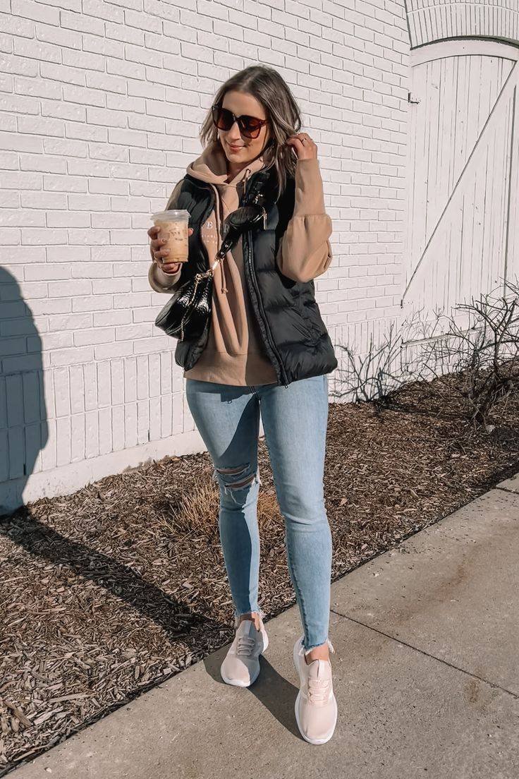 Hooded Sweatshirt + Padded Vest + High-Waisted Jeans