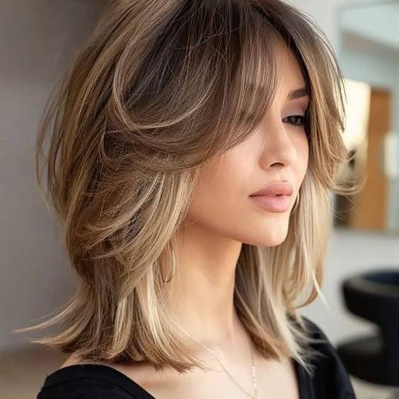 Layered Lob with Curtain Highlights  Thin Hair Shoulder Length Hairstyles