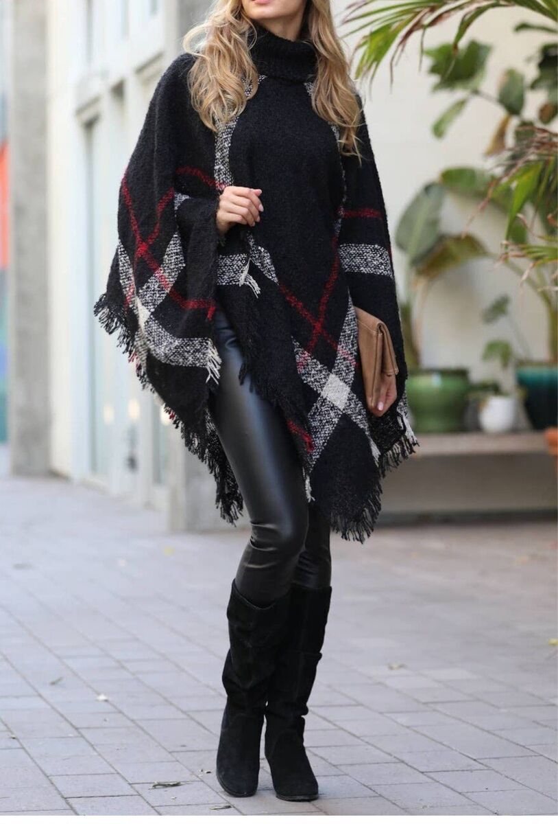 Poncho + Turtleneck + Leather Leggings