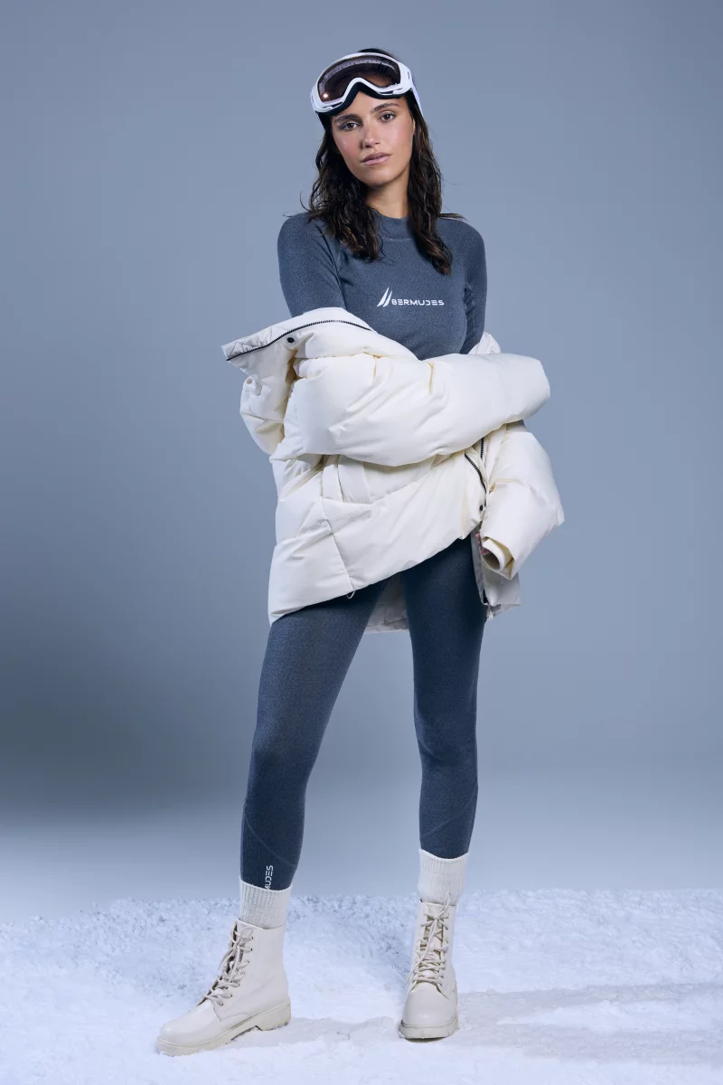 3# White Puffer Jacket with Thermal Pants and Snow Boots