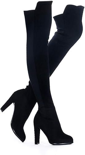 Shoe'N Tale Women Faux Suede Chunky Heel Stretch Over The Knee Thigh High Boots