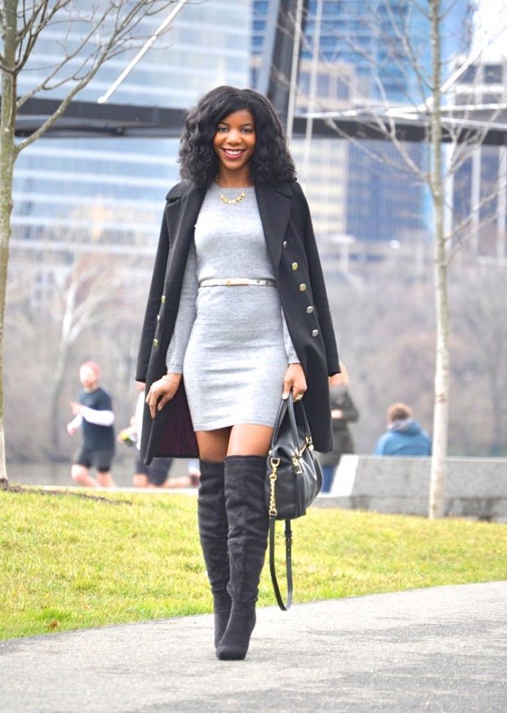 Sweater Dress + Belted Coat + Over-the-Knee Boots