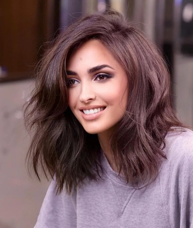 Textured Lob with Side Swept Bangs Thin Hair Shoulder Length Hairstyles