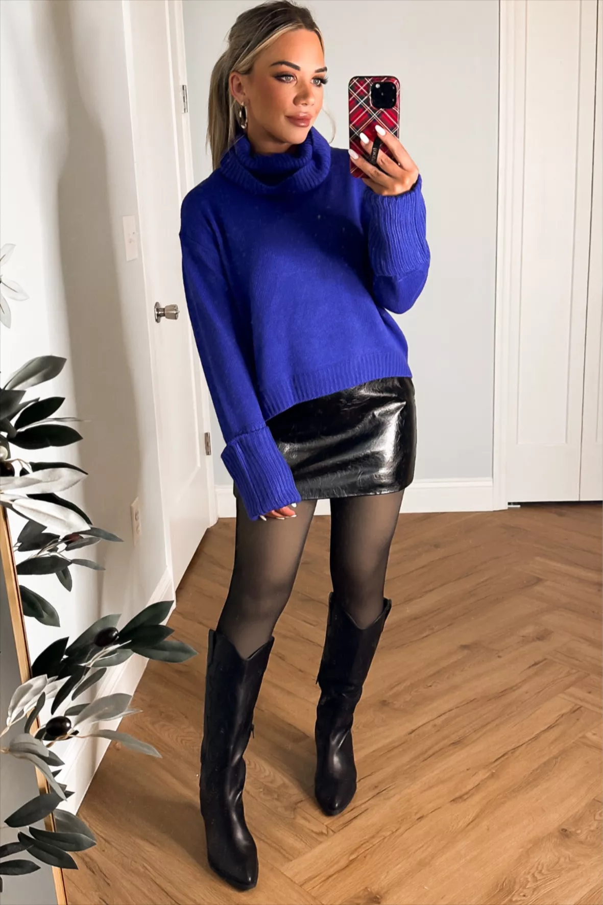 Turtleneck Sweater + Skirt + Tights + Leather Boots