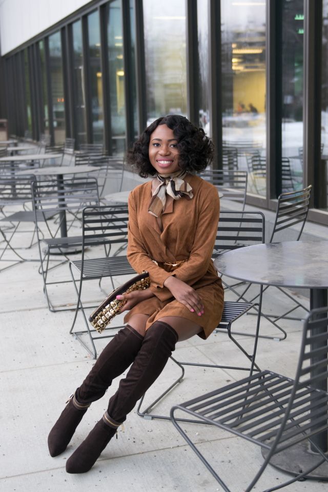 Wrap Coat + Silk Scarf + Suede Boots