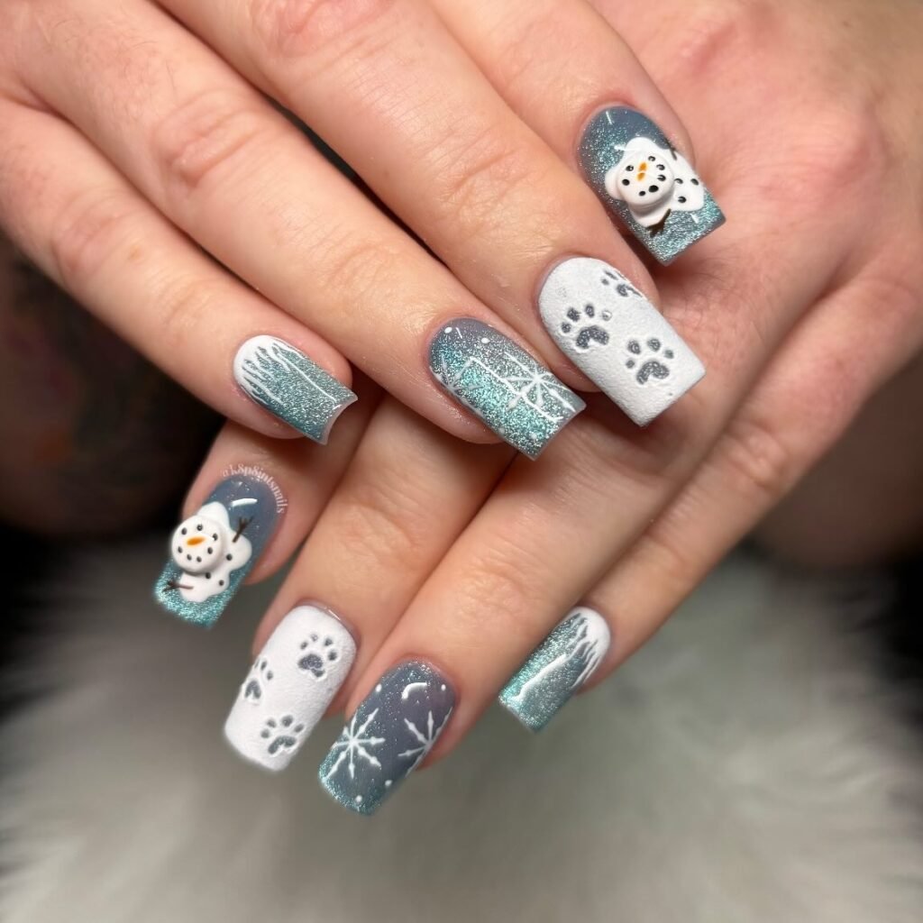 Textured paw prints, a melted snowman, the blue cat eye