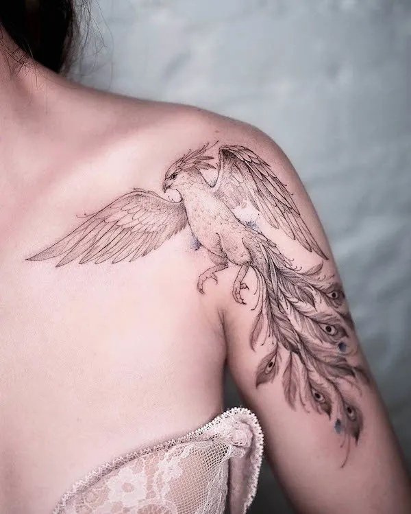 Women Intricate phoenix shoulder tattoo