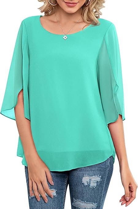 Womens Casual Scoop Neck Loose Top 3/4 Sleeve Chiffon Blouse Shirt Tops