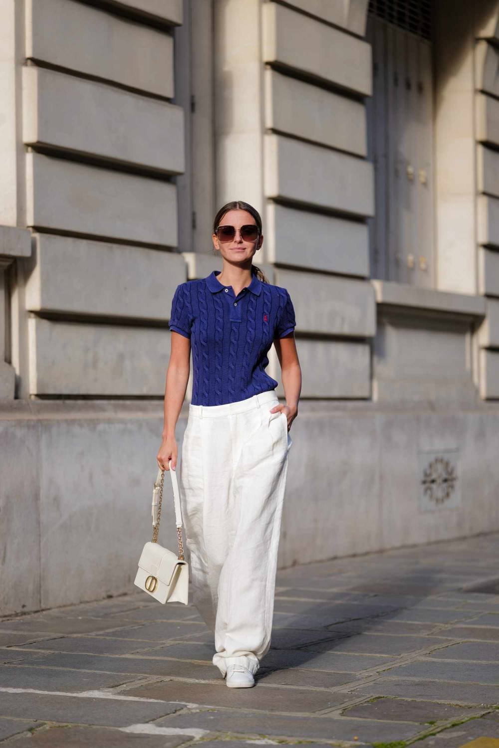 Bright T-Shirt + White Pants + Patterned Sneakers