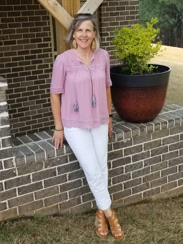 Capri Jeans + Peasant Blouse + Wedge Sandals