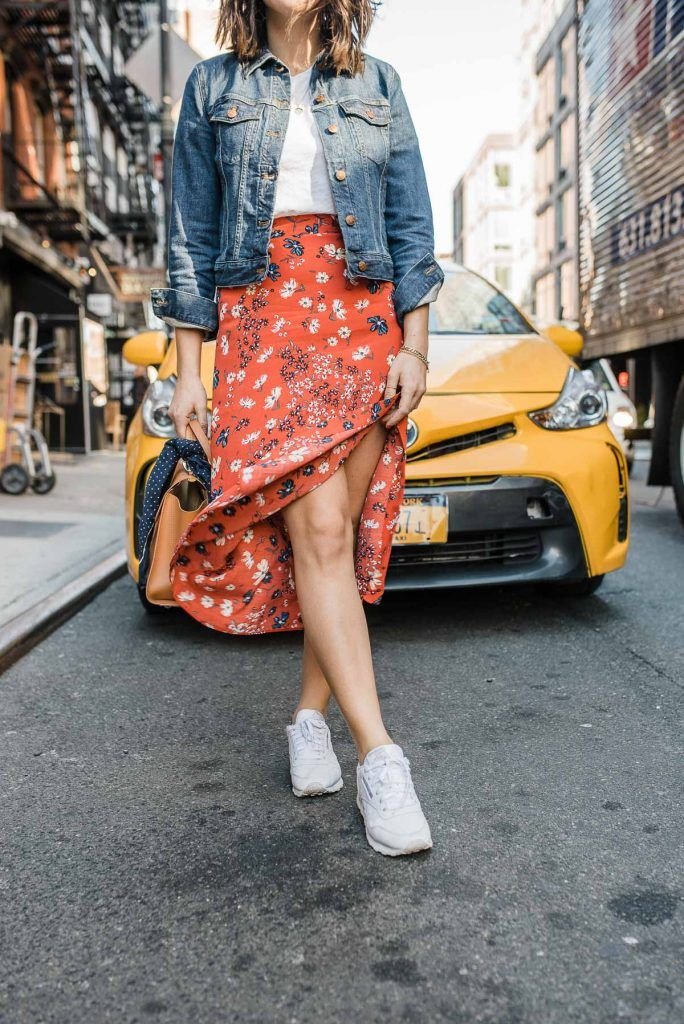 Denim Jacket + Midi Skirt + White Sneakers