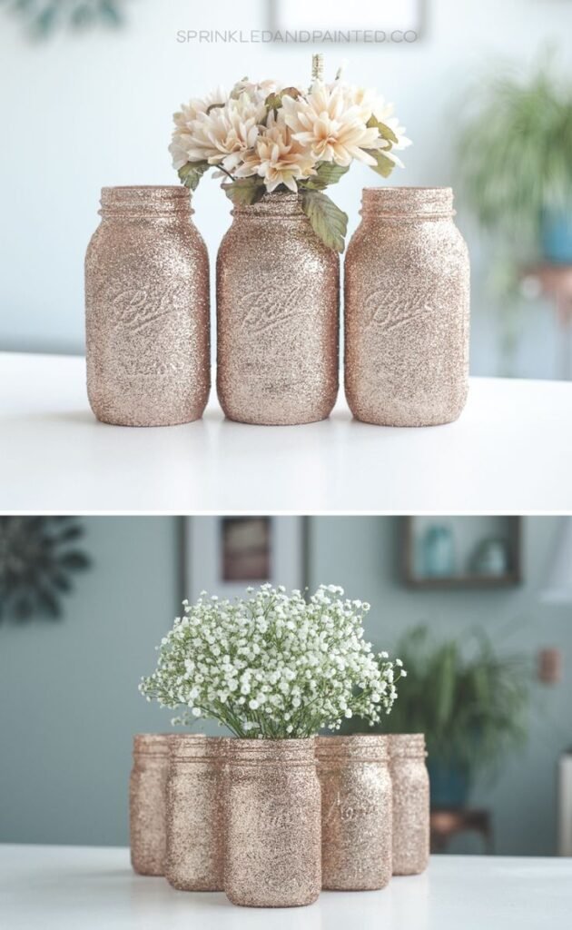 Glitter Mason Jars with Flowers