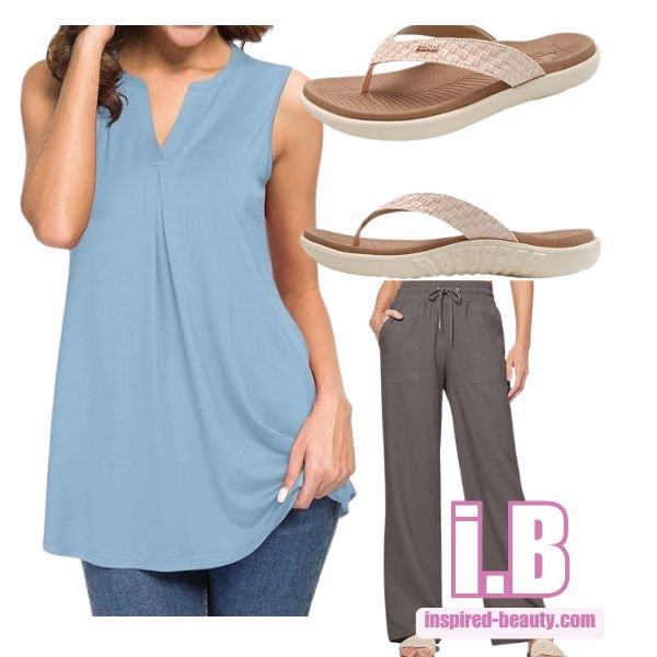 Linen Pants + Sleeveless Top + Flip Flops Shoes